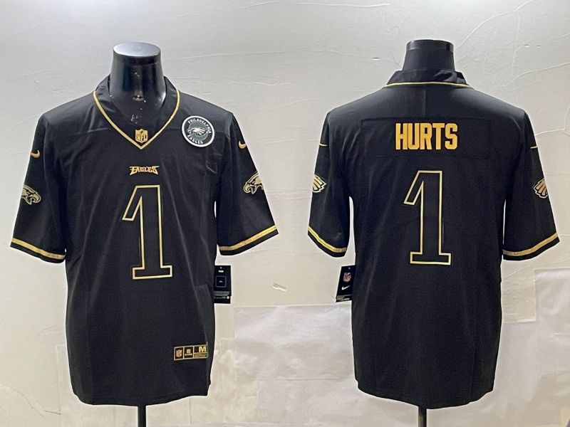 Men Philadelphia Eagles #1 Hurts Black gold Throwback 2025 Nike Vapor Limited NFL Jersey style 3->philadelphia eagles->NFL Jersey
